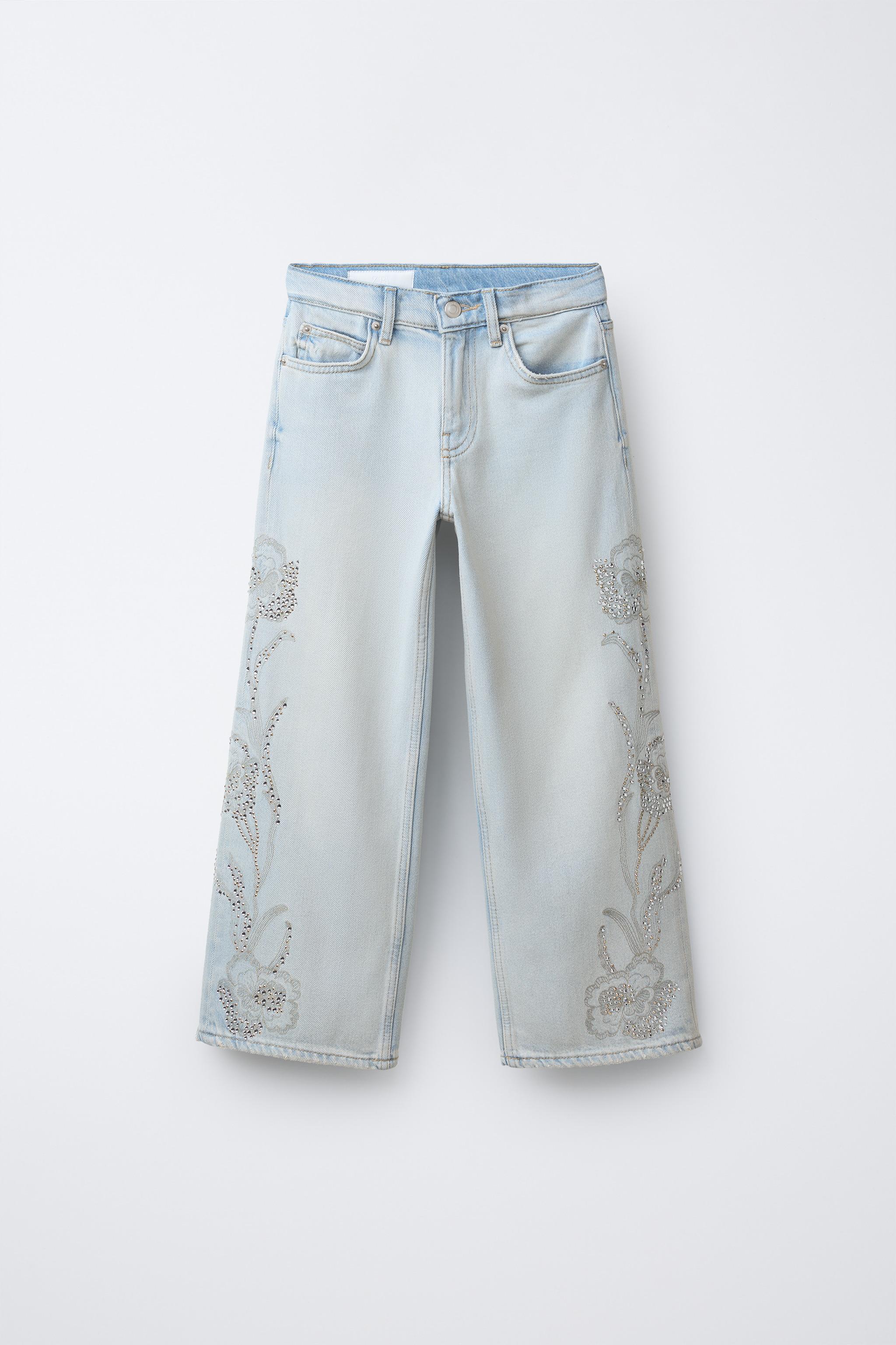 RHINESTONE FLORAL WIDE LEG JEANS